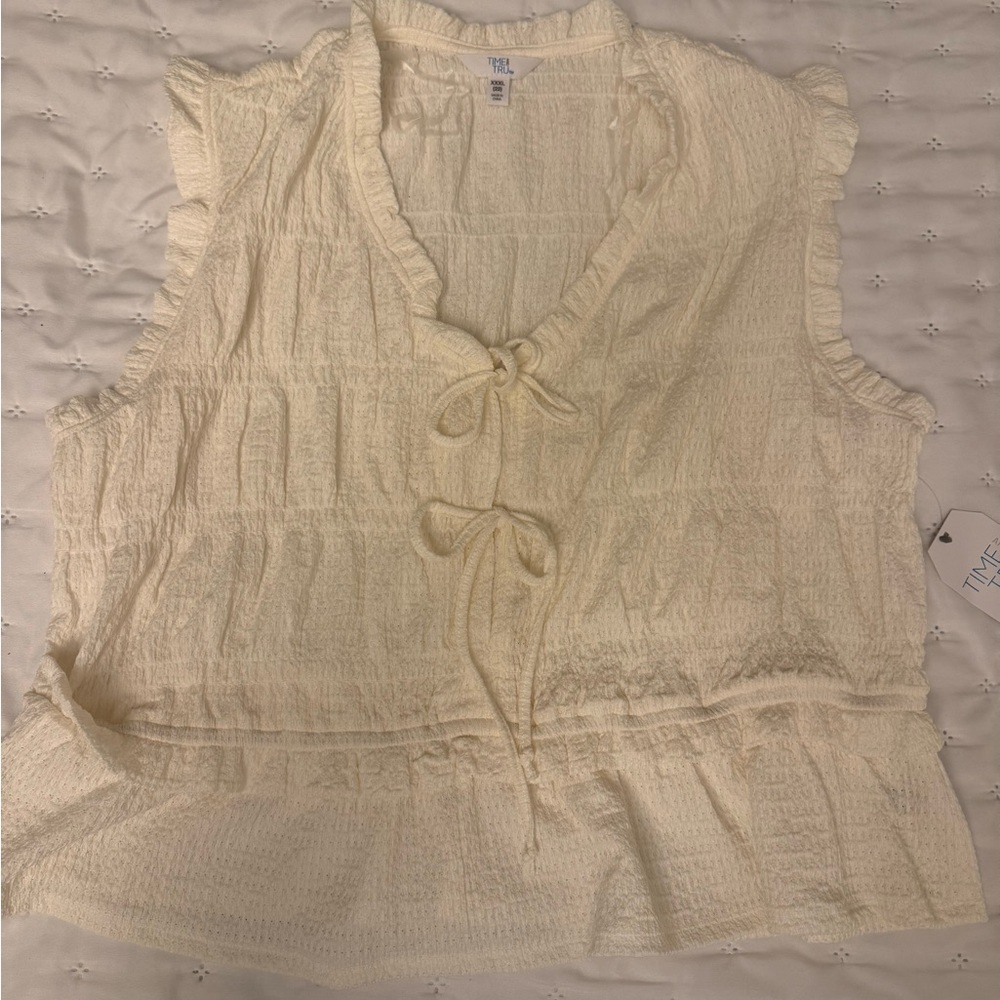 Time and Tru Ivory Sleeveless Ruffle Tie-Front Peasant Top